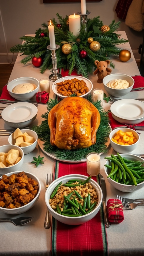 Festive Christmas Dinner Gathering Menu A festive Christmas dinner table with roasted turkey, mashed potatoes, stuffing, and green bean casserole.